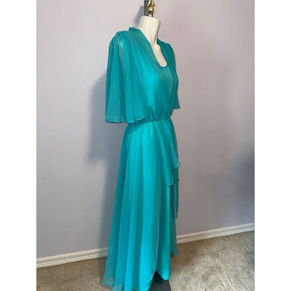 Vtg 70s Mike Benet Blue Chiffon Flowy Fairycore Angel Dress Size Medium Large - Picture 3 of 9